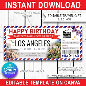 LOS ANGELES HOLLYWOOD California Edit Boarding Pass Ticket Template Voucher Surprise Trip Gift You&#39;re Going Print Plane Birthday Christmas