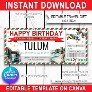 TULUM MEXICO TIJUANA Editable Boarding Pass Ticket Template Voucher Surprise Trip Gift You&#39;re Going To Print Fake Plane Birthday Christmas
