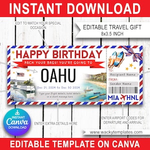 OAHU HAWAII WAIKIKI Modèle de billet de carte d'embarquement modifiable Bon d'achat, cadeau de voyage surprise que vous allez imprimer, faux avion, anniversaire de Noël