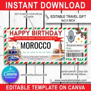 MAROC CASABLANCA FEZ Modèle de billet modifiable avec carte d'embarquement Bon d'achat Cadeau pour voyage surprise que vous allez imprimer Faux avion Anniversaire Noël
