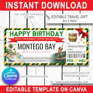MONTEGO BAY JAMAICAQUE Kingston Edit Boarding Pass Modèle de billet Bon d'achat Voyage surprise Cadeau que vous allez imprimer Avion Anniversaire Noël
