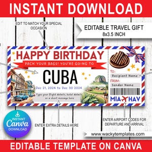 CUBA HAVANA SANTIAGO Modèle de billet modifiable avec carte d'embarquement Bon d'achat Cadeau pour voyage surprise que vous allez imprimer Vol en avion Anniversaire Noël