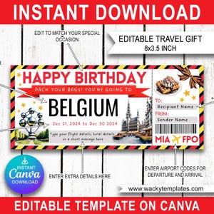 BELGIO BRUXELLES ANVERSA Modello biglietto carta d'imbarco modificabile Voucher per volo falso Viaggio a sorpresa Regalo Stampa Download immediato