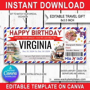VIRGINIA RICHMOND WILLIAMSBURG Modifier le modèle de billet de carte d'embarquement Bon d'achat Cadeau de voyage surprise que vous allez imprimer Avion Anniversaire Noël