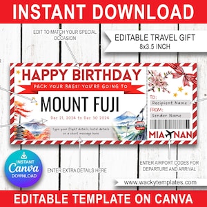 MOUNT FUJI JAPAN Tokyo Editable Boarding Pass Ticket Template Voucher Surprise Trip Gift You&#39;re Going To Print Fake Plane Airport Birthday