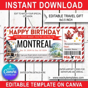 Modèle de billet de carte d'embarquement modifiable MONTRÉAL CANADA QUÉBEC Bon d'échange Cadeau de voyage surprise que vous allez imprimer Faux avion Anniversaire Noël
