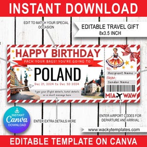 Modèle de billet modifiable avec carte d'embarquement, Pologne VARSOVIE, bon d'achat, cadeau de voyage surprise, anniversaire à l'aéroport, faux avion à imprimer