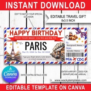 Modèle de billet carte d'embarquement modifiable PARIS FRANCE LYON bon d'achat cadeau voyage surprise à imprimer faux avion anniversaire Noël