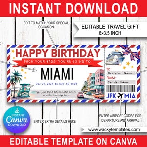 Modèle de billet de carte d'embarquement modifiable MIAMI FLORIDE KEY West Bon d'achat, cadeau de voyage surprise que vous allez imprimer, faux avion, anniversaire de Noël