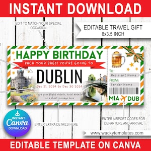 DUBLIN IRLANDE BELFAST Modifier le modèle de billet de carte d'embarquement Bon d'achat Cadeau de voyage surprise que vous allez imprimer Vol en avion Anniversaire Noël