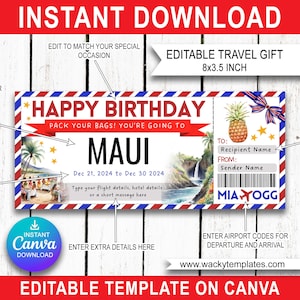 MAUI HAWAII HONOLULU Modèle de billet de carte d'embarquement modifiable Bon d'achat, cadeau de voyage surprise que vous allez imprimer, faux avion, anniversaire de Noël