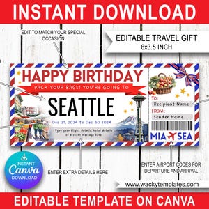 SEATTLE SPACE NEEDLE Pike Place Modifier le modèle de billet de carte d'embarquement Bon d'achat Cadeau voyage surprise que vous allez imprimer Avion Anniversaire Noël