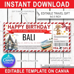 BALI INDONESIA JAKARTA Editable Boarding Pass Ticket Template Voucher Surprise You&#39;re Going To Trip Gift Print Plane Flight Instant Download