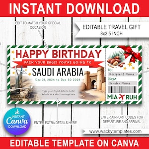 ARABIE SAOUDITE RIYAD Djeddah Modifier le modèle de billet de carte d'embarquement Bon d'achat Cadeau de voyage surprise que vous allez imprimer Faux avion Anniversaire Noël