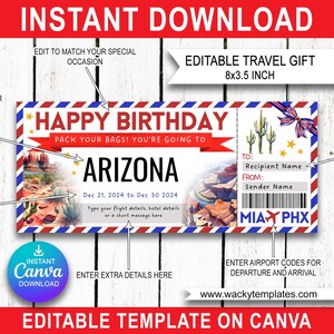 ARIZONA GRAND CANYON Sedona Editable Boarding Pass Ticket Template Voucher You&#39;re Going To Flight Surprise Trip Gift Print Instant Download