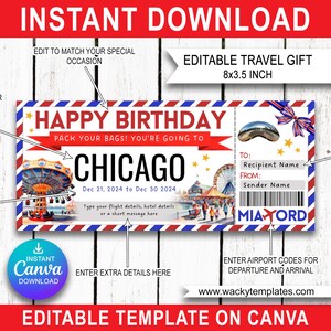 Modèle de billet de carte d'embarquement pour la jetée de CHICAGO ILLINOIS MARINE, bon d'achat, cadeau de voyage surprise que vous allez imprimer, faux avion, anniversaire de Noël
