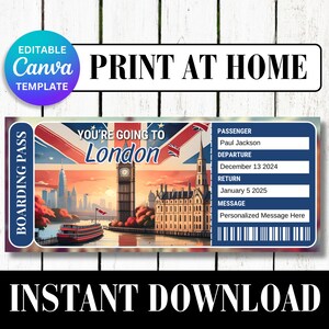 LONDON United Kingdom UK Surprise Trip Gift Ticket Boarding Pass Printable Vacation Editable Certificate Invitation Canva Customize Template