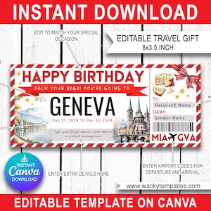 GENÈVE SUISSE BASILIC Modifier le modèle de billet de carte d'embarquement Bon d'achat Cadeau de voyage surprise que vous allez imprimer Vol en avion Anniversaire Noël