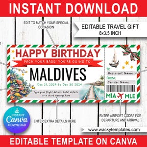 MALDIVES MALÉ ADDU City Modèle de billet carte d'embarquement modifiable Bon d'achat Cadeau pour voyage surprise que vous allez imprimer Faux avion Anniversaire aéroport