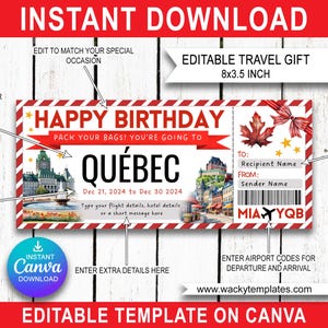 Modèle de billet de carte d'embarquement modifiable VILLE DE QUÉBEC, bon d'achat, cadeau de voyage surprise que vous allez imprimer, vol d'avion, anniversaire de Noël
