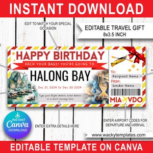 BAIE D'HALONG VIETNAM Hanoi Modèle de billet modifiable avec carte d'embarquement Bon d'achat Cadeau de voyage surprise que vous allez imprimer Faux avion Anniversaire