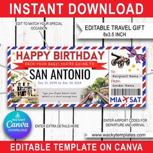 SAN ANTONIO ALAMO River Walk Modifier le modèle de billet de carte d'embarquement Bon d'achat Cadeau de voyage surprise que vous allez imprimer Avion Anniversaire Noël