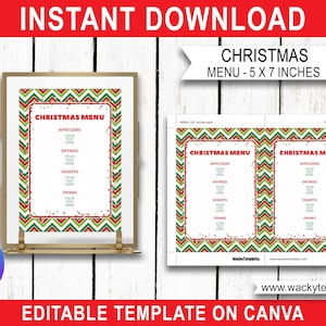 May include: Editable Christmas menu template for Canva. The template features a red, green, and white chevron pattern with red confetti. The text "Christmas Menu" is in a white box with a red border. The menu includes sections for appetizers, entrees, desserts, and drinks. The template is 5 inches by 7 inches.