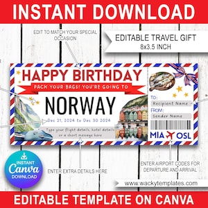 NORVÈGE OSLO BERGEN Modèle de billet de carte d'embarquement modifiable Bon d'achat, cadeau de voyage surprise, vous allez à l'aéroport d'anniversaire à imprimer faux avion