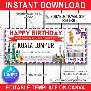 KUALA LUMPUR MALAYSIA Petaling Jaya Edit Boarding Pass Ticket Template Voucher Surprise Trip Gift You&#39;re Going To Print Birthday Christmas