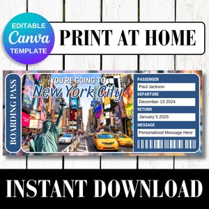 NEW YORK CITY Manhattan voyage surprise billet cadeau carte d'embarquement imprimable vacances modifiable certificat invitation canva personnaliser modèle