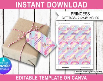 Princess Birthday Party Gift Favor Tag Labels Castle Gift Girls Pink Decor Kids Printable Present Supplies DOWNLOAD EDITABLE Canva Template