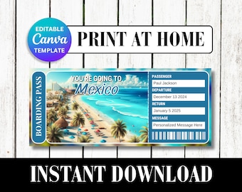 MEXICO CANCUN Trip Ticket Editable Canva Template | Christmas Surprise Travel Vacation Gift Certificate | Holiday Trip Reveal Boarding Pass