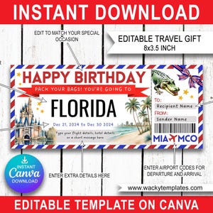 FLORIDE ORLANDO MIAMI Modèle de billet carte d'embarquement modifiable Bon d'achat Cadeau pour voyage surprise que vous allez imprimer Vol en avion Anniversaire Noël