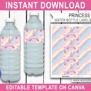 Princess Birthday Party Water Bottle Label Castle Wrapper Gift Girls Pink Decor Kids Print Present Supplies DOWNLOAD EDITABLE Canva Template