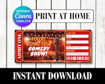 Druckbare COMEDY SHOW Überraschungs-Eintrittskarte | Stand-Up Comedian Geschenkgutschein | Bearbeitbare Ereignisvorlage | Comic Club Impro | Canva Vorlage