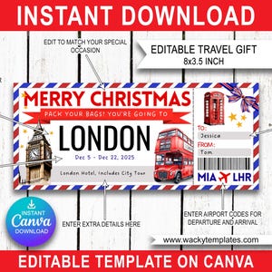 MANCHESTER LONDRES Modifier le modèle de billet de carte d'embarquement Bon d'achat Cadeau voyage surprise que vous allez imprimer Vol en avion Anniversaire Noël