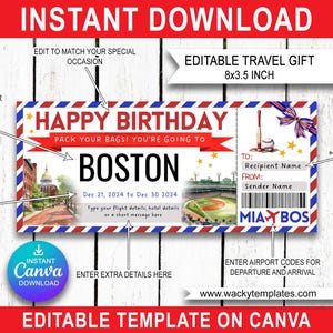 BOSTON MASSACHUSETTS WORCESTERS Modifier le modèle de billet de carte d'embarquement Bon d'achat Cadeau voyage surprise que vous allez imprimer Avion Anniversaire Noël