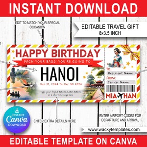 HANOI VIETNAM HAIPHONG Modifier le modèle de billet de carte d'embarquement Bon d'achat Cadeau de voyage surprise que vous allez imprimer Vol en avion Anniversaire Noël