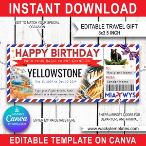 May include: Editable printable travel gift card template for Canva. The card features a red, white, and blue design with a picture of Yellowstone National Park. The text on the card says "Happy Birthday! Pack your bags! You're going to Yellowstone."  The card also includes space for the recipient's name, sender's name, and travel dates.