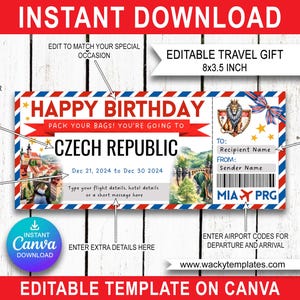 RÉPUBLIQUE TCHÈQUE PRAGUE Modèle de billet modifiable avec une carte d'embarquement pour Brno Bon d'achat Cadeau pour un voyage surprise que vous allez imprimer Faux vol en avion