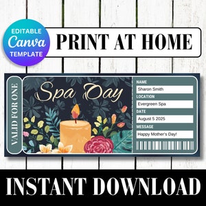 SPA DAG-ERVARING Verrassing Cadeau Onthullingsvoucher Bewerken Moederdag Evenement Ticketsjabloon Coupon Personaliseren Aanpassen Canva downloaden Verjaardag