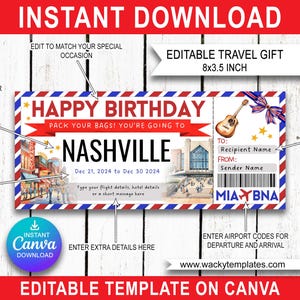 NASHVILLE KNOXVILLE TENNESSEE Modifier le modèle de billet de carte d'embarquement Bon d'achat Cadeau voyage surprise que vous allez imprimer Avion Anniversaire Noël