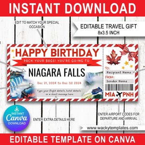 Chutes du NIAGARA, NY ONTARIO Modifier le modèle de billet de carte d'embarquement Bon d'achat Cadeau pour voyage surprise que vous allez imprimer Vol en avion Anniversaire Noël