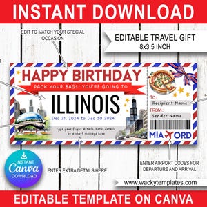 ILLINOIS CHICAGO THE Bean Edit Carte d'embarquement Modèle de billet Bon d'achat Cadeau pour voyage surprise Vous allez imprimer Vol en avion Anniversaire Noël