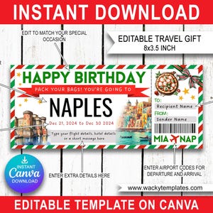 NAPLES ITALIE MILAN Modèle de billet carte d'embarquement modifiable Bon d'achat Cadeau de voyage surprise que vous allez imprimer Vol en avion Anniversaire Noël