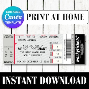 Schwangerschafts-Geburtsankündigung | TicketMaster Konzertkarte Stub | Anpassbare Baby offenbaren | Personalisierbar Druckbar | Canva Vorlage bearbeiten