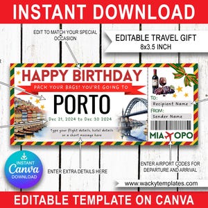 PORTO PORTUGAL AMADORA Modèle de billet de carte d'embarquement modifiable Bon d'achat Cadeau de voyage surprise que vous allez imprimer Faux avion Anniversaire Noël