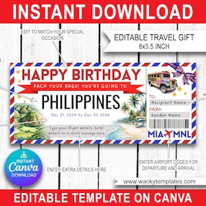 PHILIPPINES MANILLE CEBU Modifier le modèle de billet de carte d'embarquement Bon d'achat Cadeau de voyage surprise que vous allez imprimer Vol en avion Anniversaire Noël