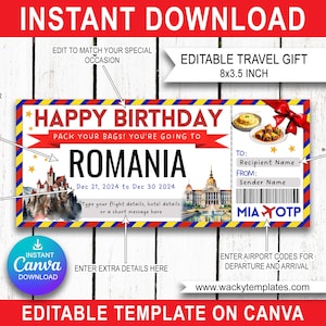 ROUMANIE BUCAREST IASI Modèle de billet carte d'embarquement modifiable Bon cadeau voyage surprise que vous allez imprimer Faux avion anniversaire aéroport