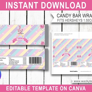 Princess Birthday Party Gift Chocolate Bar Wrapper Labels Candy Castle Girls Pink Decor Kids Printable Supplies DOWNLOAD EDIT Canva Template